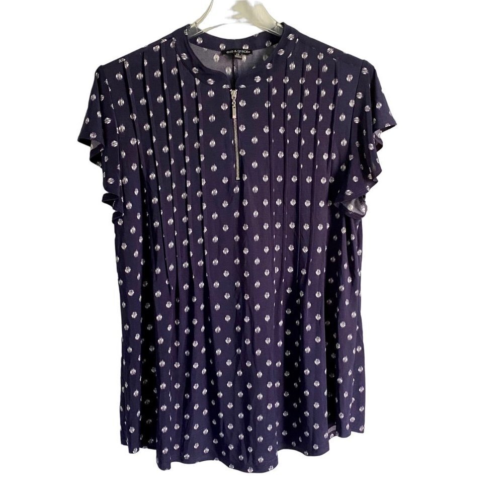 Ava & Grace Short Sleeve Blue White Top with Quarter Zipper Women's Medium
